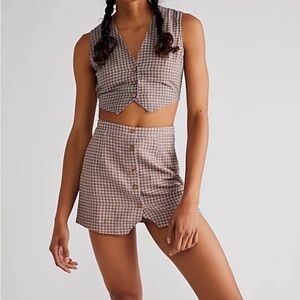 Free People Taupe & Cream Check Button-Front Crop Vest and Skort Set